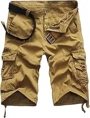 [PHJTOMK] Mens Buckle Zipper Twill Cargo Shorts Loose Fit Outdoor Camouflage Short Casual Multi Pockets Shorts, Khaki 1, 36
