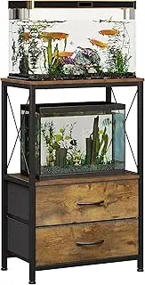 10 Gallon Aquarium Stand with 2-Tier Shelf Fish Tanks Stand with 2 Drawers Metal Frame Heavy Duty Reptile TurtleTank Stand with Storage for Home Offic Fish Tank Accessories Storage, Brown