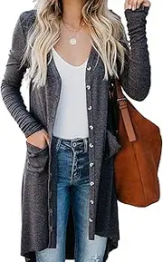 [Naggoo] Women's Long Cardigans Button Down High Low Solid Knit Loose Cardigans with Pockets
