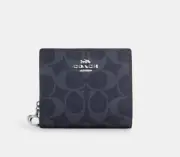 Coach Silver/Denim/Mid Signature Coated Canvas&Leather Snap Small Wallet (C3309)