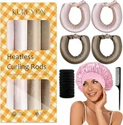 KUREYON Satin Heatless Hair Curler, 16 Piece Set, Overnight Heatless Curls, Not easy to slip Heatless Curling Rod You Can Sleep In, Soft Silk DIY Hair Styling Tools Kit, Silk Bonnet for Sleeping-Khaki