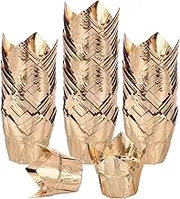 uxcell 100 Pcs Tulip Cupcake Liners, Muffins Liners Aluminum Foil Cupcake Wrappers Baking Cups Muffins Liners for Wedding Birthday Party Supplies, Champagne Gold