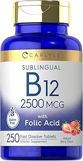 Vitamin B12 Sublingual 2500 mcg | 250 Fast Dissolve Tablets | Cyanocobalamin Supplement with Folic Acid for Adults | Natural Berry Flavor | Vegetarian, Non-GMO, and Gluten Free | by Carlyle