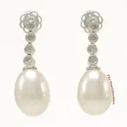 Sparkling Diamonds Genuine White Pearl Dangle Stud Earrings 14kt White Gold TPJ