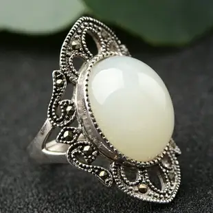 新疆白玉戒指 正品和田玉成品戒指 女款復古個性925銀鑲嵌玉戒指