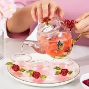 Red Rose Enamel Crystal Glass Tea Set Teapot Cup Set Flower Tea Glass Cups Hot