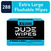 DUDE Wipes Unscented XL Flushable Wipes, 6 Flip-Top Packs Case, 48 Wipes per PK