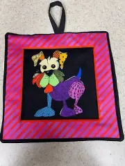 Pot Holder / Loop to Hang - Solid Black Back - Cute Puppy Dog w/ Striped Border