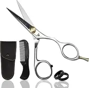 Ontaki 5.5” Japanese Steel Moustache & Beard Scissors for Men with Comb & Carrying Pouch - Hand Forged, Ergonomic Bent Handles Design, Facial Hair Hairdressing Scissors (Ergonomic Silver, Right Hand)