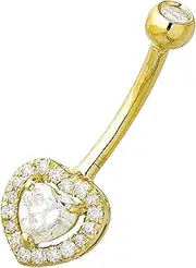 [Jewelry Avalanche] 14K Gold Halo Heart Belly Button Ring with 0.50 cttw VVSI Moissanite Gemstones, 14G Banana Barbell, 9/16" 14mm Barbell Navel Piercing Jewelry