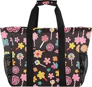 [sanluoli] Bag Foldable Beach Tote With Compartments Canvas Carrying Tote, Abstract Candy Flowers Colorful, 1 size