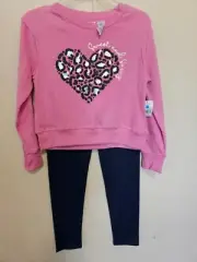 Girl Jogger Set, Pink Sweatshirt With A front heart Navy Blue Pants, Size 10/12