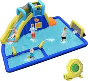 HONEY JOY Inflatable Water Slide for Kids, 6-in-1 Kids Giant Water Park w/Large Water Soccer Splash Pool, Water Cannons, Basketball Rim, Blow up Kids Water Slide for Backyard (with 680W Blower)