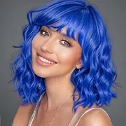 Blue Bob Wavy Wigs for Women Synthetic Hair Wig with Bangs Carnival Costume Wigs Daily Wear Fashionable Blue Wigs Perfect for Parties