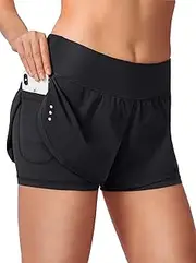 [Blooshow] Sports Shorts Women's Summer Sports Trousers Women's Short Trousers 2 in 1 Running Shorts Quick-Drying Running Gym Training Fitness Yoga Jogging Shorts with Pockets, Black, X-Small