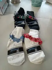 Jefferies Socks Girls 4 Pairs Ankle Size7-8 Colored Frills,Blue,Red,&Flowers NWT