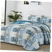 Quilt Set Size 3 Pieces Patchwork Plaid Bedspread Coverlet Set, Queen Blue