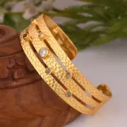 Three Tone Cuff Bracelet Gold Plated Texture Band Bracelet With CZ & Labradorite