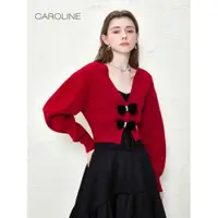 在飛比找ETMall東森購物網優惠-CAROLINE秋季撞色V領蝴蝶結開衫