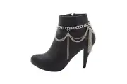 Women Silver Metal Chain Boot Bracelet Anklet Shoe Side Wave Tassel Fringe Charm