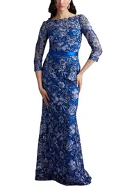 [TADASHI] FULCHER EMBROIDERED ILLUSION GOWN US 16 BLUE