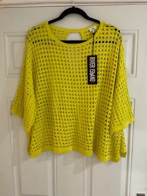 New River Island Lagenlook Yellow Glitter Holey Stretch Knit Top - Size M BNWT