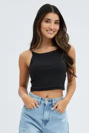 Black Cotton Stretch High Neck Cropped Singlet - Size S, Women's Singlet