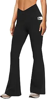 [DLOODA] Women's Yoga Pants with Pockets No Front Seam Crossover High Waisted Flare Leggings Tummy Control Bootcut Pants