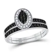 14k White Gold Round Black Diamond Bridal Wedding Ring Set 1/2 Cttw