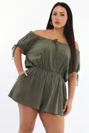 Green Playsuit Short Sleeve Linen Blend