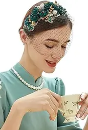 [BABEYOND] 1920s Fascinator Mesh Veil Headband Bridal Wedding Tea Party Fascinator Veil for Women, Dark Green, One Size
