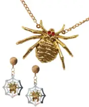 Gold Spider Necklace & Clip on Web Earrings Witch Vampire Halloween Dress up