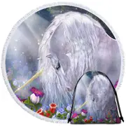 Fantasy Art Beautiful Flowers and Pure White Unicorn Round Beach Towel