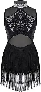 [TiaoBug] Kids Girls Mesh Splice Rhinestone Sleeveless Tassel Dress Samba Jazz Tap Modern Latin Salsa Ballroom Dancewear