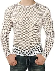 Men's Mesh Fishnet T Shirt Lightweight Long Sleeve See Through Party Tops Fitted Muscle Blouse