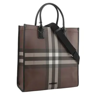 【BURBERRY 巴寶莉】Denny 塗層帆布及小牛皮直式托特包(暗樺木棕色)/ 平行輸入