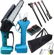 2M Cordless Pruner Shear 3 in 1 Electric Pruner Kit with 6 Inches Brushless Chainsaw Extension Rod, 2 Battery and Tool Storage Bag for Tree Garden Trimming Pruning