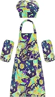 AIXIWAWA Kids Apron Chef Hat Set, Child Kitchen Bib Aprons Adjustable for Cooking Baking Painting (Neon Dinosaur Space)