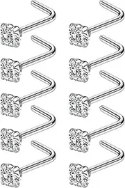 [Cisyozi] 12PCS 20G Stainless Steel Nose Rings Stud Set 1.5mm 2mm 2.5mm 3mm Diamond CZ Screw L Shaped Bone Nostril Piercing Jewelry for Women Men