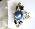 Blue Mabe Pearl, Iolite & Rainbow Moonstone Ring / Size 10 / 925 Sterling Silver
