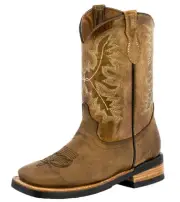Kids Western Cowboy Boots Smooth Square Toe Light Brown Leather Botas Size 9