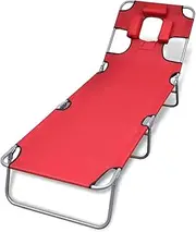 Sun Lounger, Outdoor Sun Lounge Patio Chaise Lounge Reclining Chair Recliner Chair Folding Sun Lounger with Head Cushion Powder-Coated Steel Red