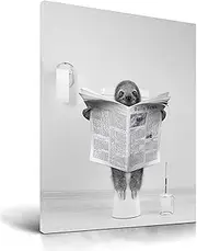 UPWOIGH Bathroom Wall Art, 30x40CM Black and White Sloth Decor, Waterproof Wood Canvas Framed Art, Abstract Animal Reading Newspapers Print for Bedroom, Kids' Room, Washroom Toilet - 1 Pack