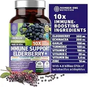 Premium Immune Support Booster, Powerful [10-in-1] Elderberry, Zinc, Vitamin C, E, B6, Echinacea, Garlic, Probiotic & Turmeric Blend. High Potency, Supports a Healthy Respiratory System, 60 Veg Caps