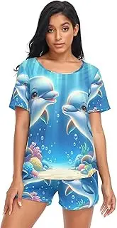 [RPLIFE] Cute Dolphins Sea Animals Women's Short Sleeve Pajama Sets, Matching Women Set, Cute Dolphins Sea Animals, Medium