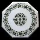 18" White Marble Side Table Top Semi Precious Stones Floral Art Inlay Work