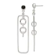 Sterling Silver Black Cz Rectangle And Chain Dangle Post Earrings