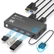 DisplayPort KVM Switch 3 USB 3.0 Hub 8K@60Hz For 2 Computers with 1 Monitor