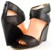 $398 ELIE TAHARI MAXINE Black Perforated Leather Designer Wedges 9.5 EU 40.5