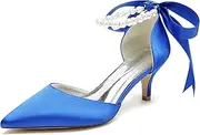 [Minishion] Womens Elegant Wedding Heels Pointed Toe Ankle Chain Evening Formal Pumps with Ribbon BR106, Br280 Blue 6cm Heel, 10 US
